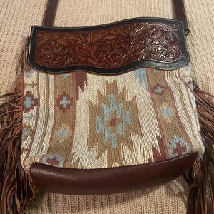 Guc Myra Aztec leather fringe tooled purse